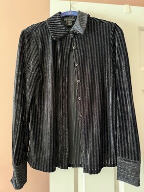 House of Harlow 1960 Black Metallic Striped Button-Up Blouse